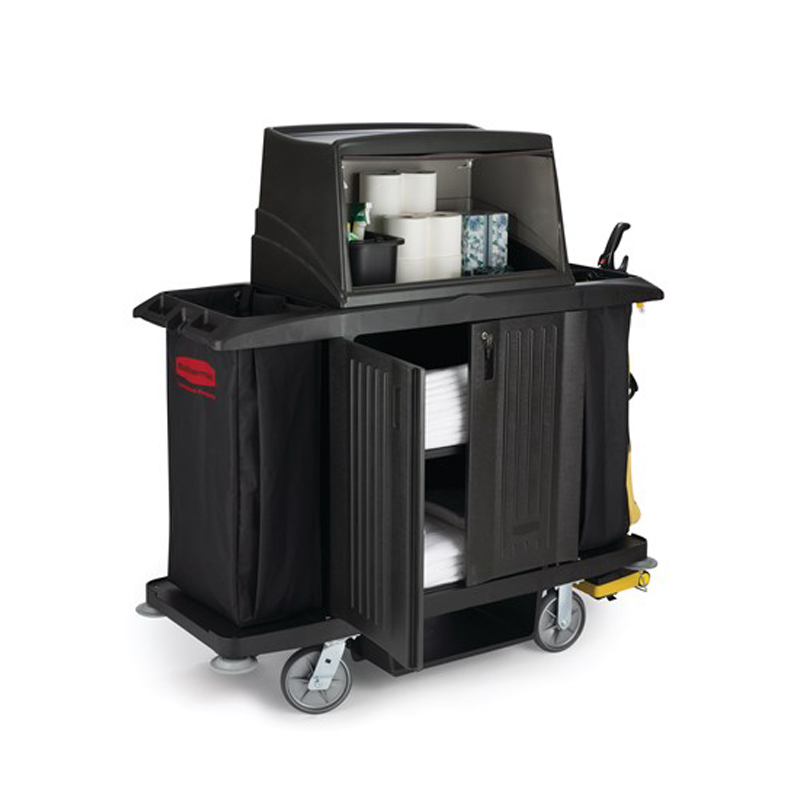 Rubbermaid 9T19 Full Size Housekeeping Cart with Doors, Vinyl Bag, Bumpers,  Vacuum Holder, Under Deck Shelf and Hood